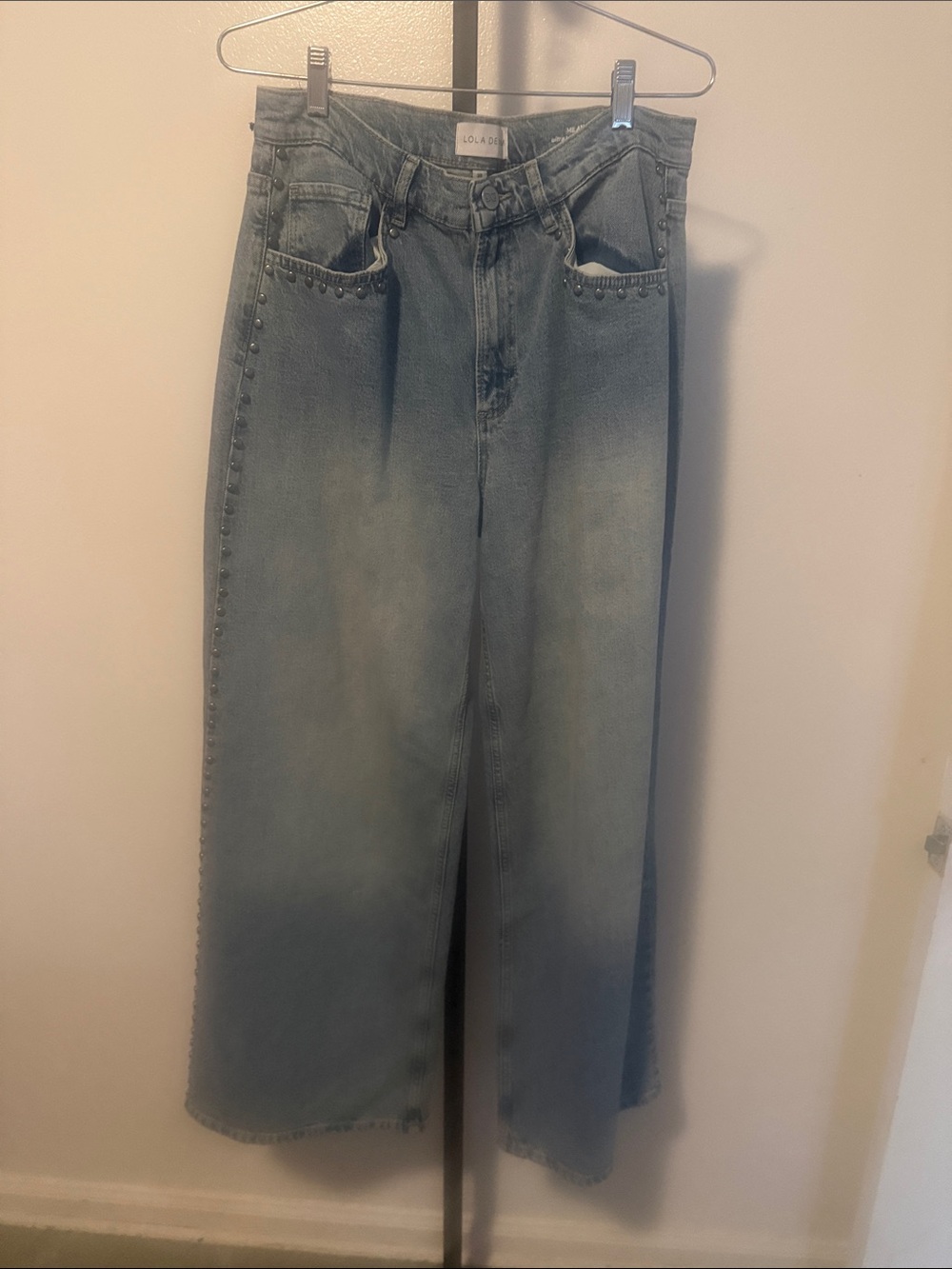 lola Light Blue Wide-Leg High-Rise Jeans with Stud Trim